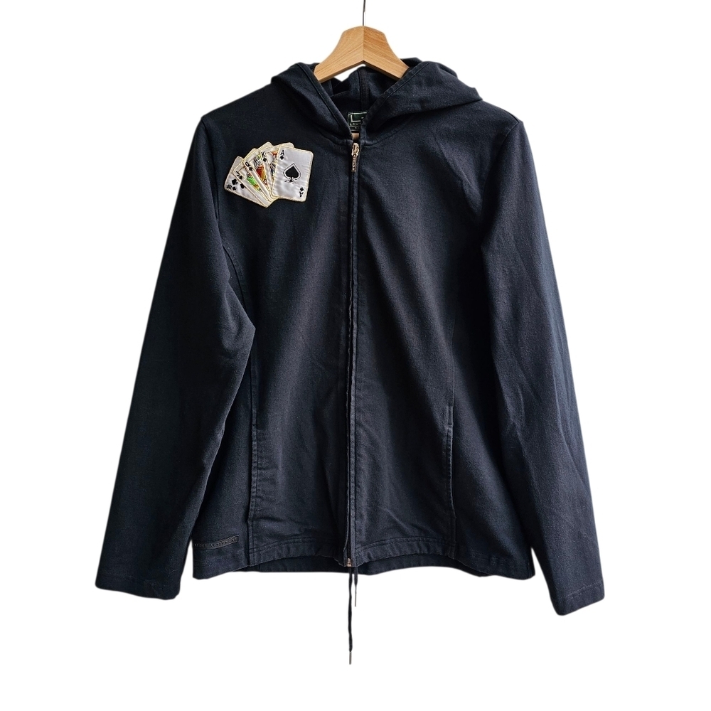Vintage L-RL Ralph Lauren Active Hoodie Black Royal Flush Poker Patch Large Wear